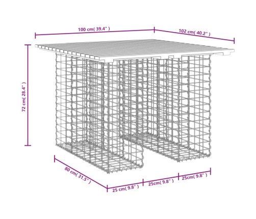 Banco jardín diseño gaviones madera abeto Douglas 100x102x72 cm