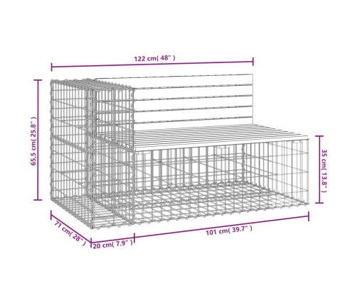 vidaXL Banco jardín diseño gavión madera pino impregnada 122x71x65,5cm