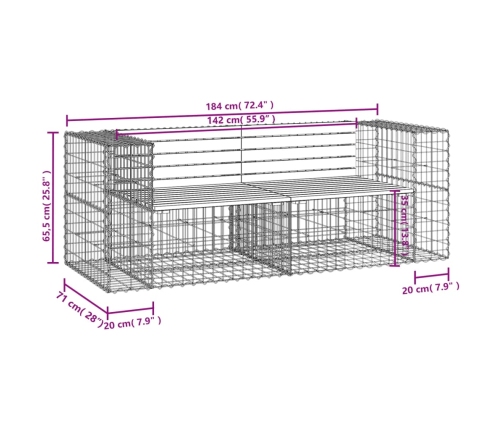 vidaXL Banco jardín diseño gaviones madera maciza pino 184x71x65,5 cm