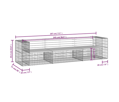 Banco jardín diseño gaviones madera maciza pino 287x71x65,5 cm