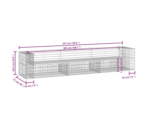 Banco jardín diseño gaviones madera maciza pino 347x71x65,5 cm