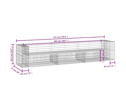 vidaXL Banco jardín con gaviones madera pino impregnada 347x71x65,5 cm