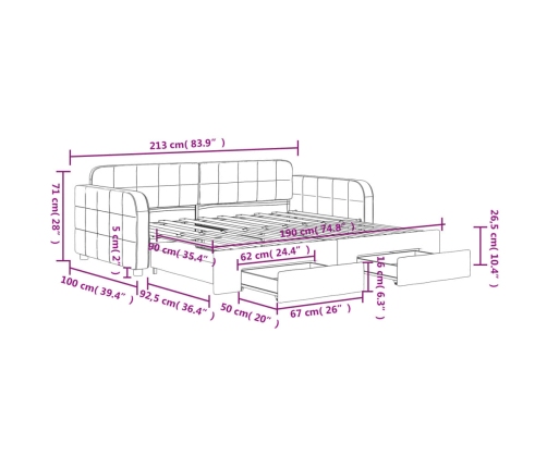 vidaXL Sofá cama nido con cajones terciopelo gris claro 90x190 cm