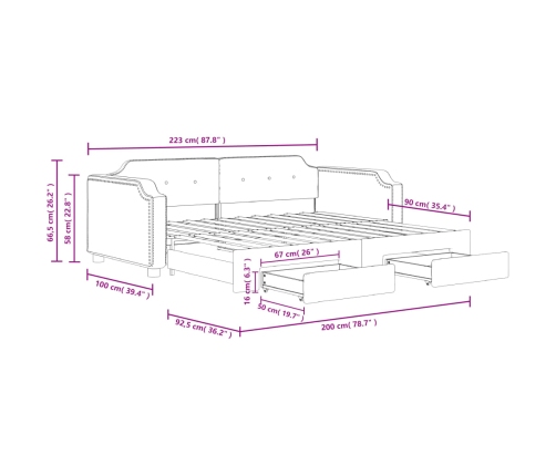 vidaXL Sofá cama nido con cajones tela gris oscuro 90x200 cm