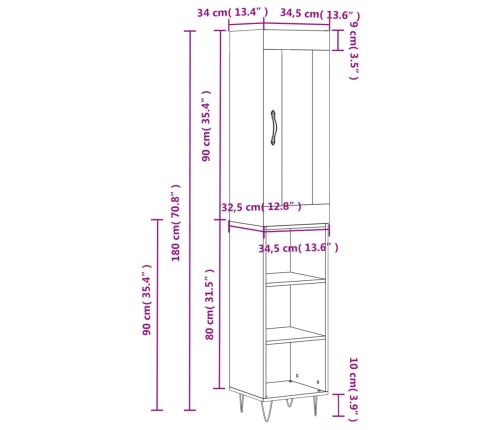 Aparador alto madera contrachapada blanco brillo 34,5x34x180 cm