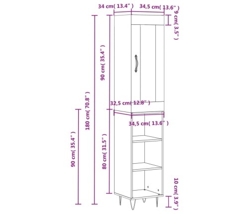 Aparador alto madera contrachapada roble marrón 34,5x34x180 cm