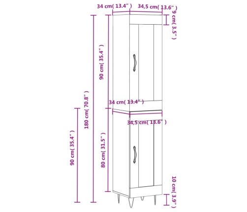 Aparador alto madera contrachapada blanco 34,5x34x180 cm