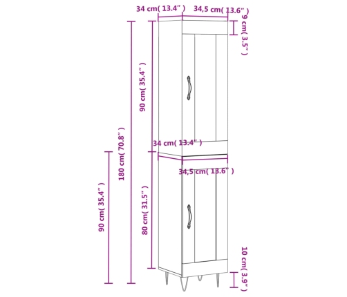 Aparador alto madera contrachapada roble marrón 34,5x34x180 cm