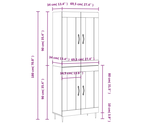 Aparador alto madera contrachapada blanco 69,5x34x180 cm