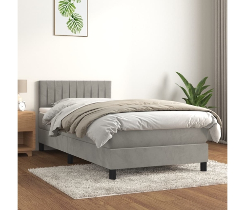 Cama box spring con colchón terciopelo gris claro 90x190 cm