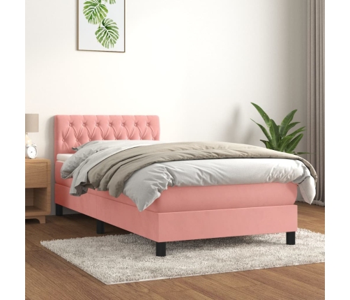 Cama box spring con colchón terciopelo rosa 90x190 cm