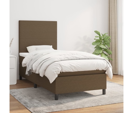 Cama box spring con colchón tela marrón oscuro 80x200 cm