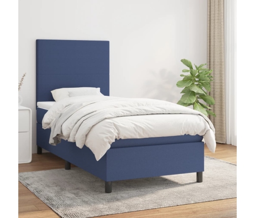 Cama box spring con colchón tela azul 90x190 cm