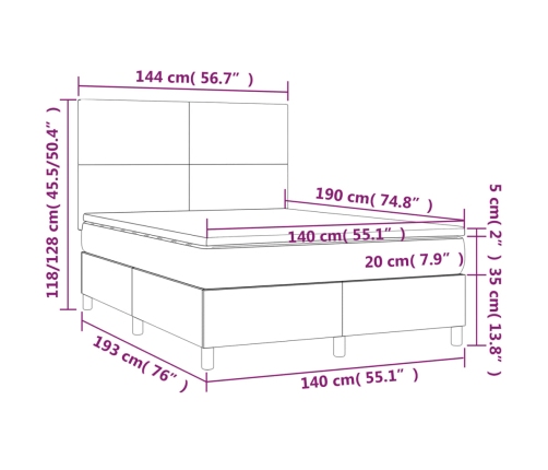 Cama box spring con colchón tela gris taupe 140x190 cm