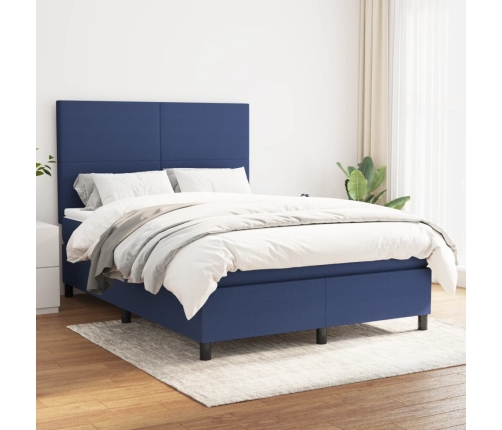 Cama box spring con colchón tela azul 140x190 cm