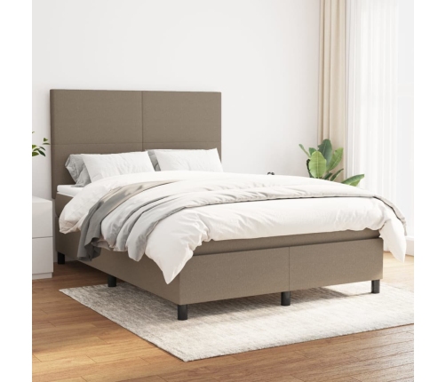 Cama box spring con colchón tela gris taupe 140x200 cm