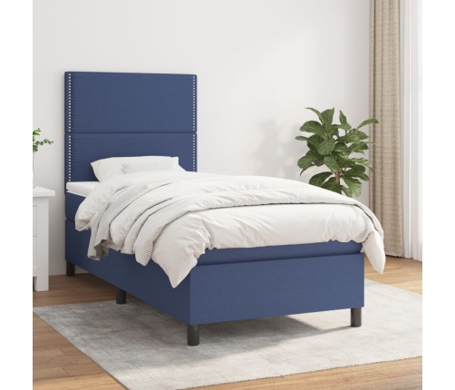 Cama box spring con colchón tela azul 80x200 cm