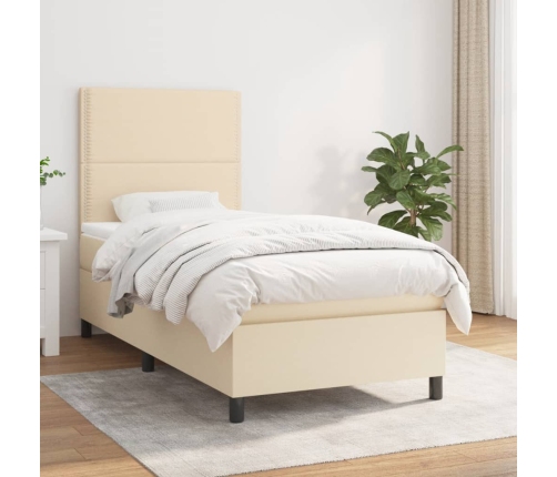 Cama box spring con colchón tela color crema 90x190 cm