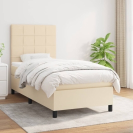 Cama box spring con colchón tela color crema 100x200 cm