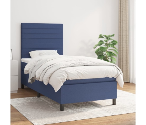 Cama box spring con colchón tela azul 90x190 cm