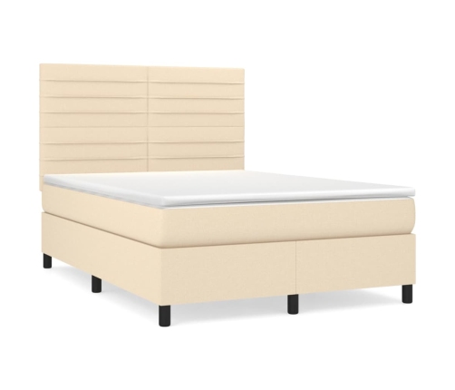 Cama box spring con colchón tela color crema 140x190 cm