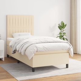 Cama box spring con colchón tela color crema 90x190 cm