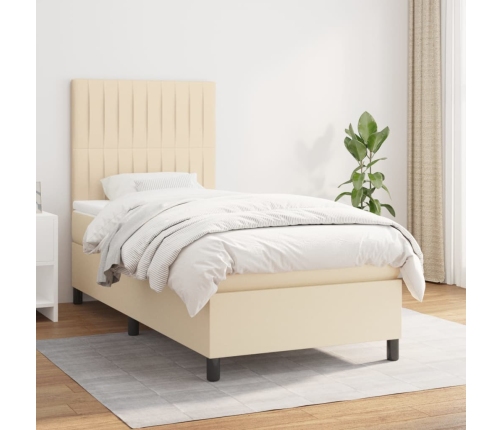 Cama box spring con colchón tela color crema 90x190 cm