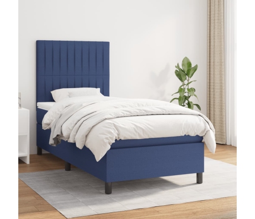 Cama box spring con colchón tela azul 90x190 cm