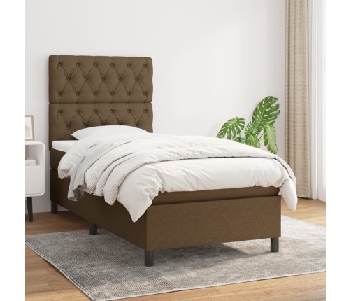 Cama box spring con colchón tela marrón oscuro 80x200 cm