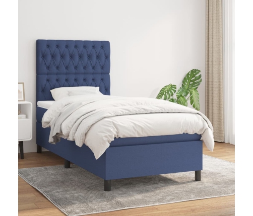 Cama box spring con colchón tela azul 90x190 cm