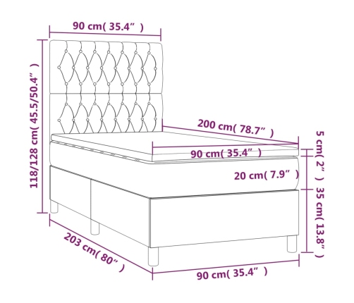 Cama box spring con colchón tela gris taupe 90x200 cm