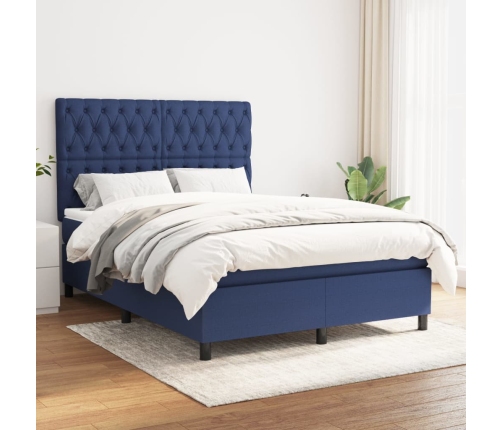 Cama box spring con colchón tela azul 140x190 cm