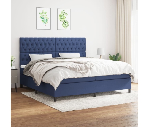 Cama box spring con colchón tela azul 200x200 cm