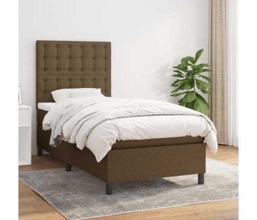 Cama box spring con colchón tela marrón oscuro 90x190 cm