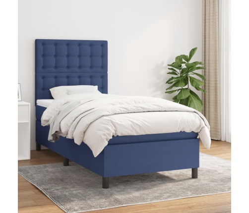 Cama box spring con colchón tela azul 90x190 cm
