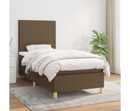 Cama box spring con colchón tela marrón oscuro 80x200 cm