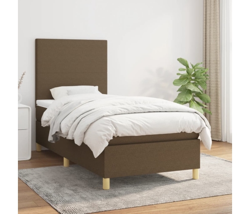 Cama box spring con colchón tela marrón oscuro 90x190 cm