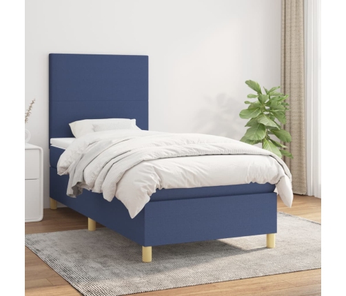 Cama box spring con colchón tela azul 90x200 cm