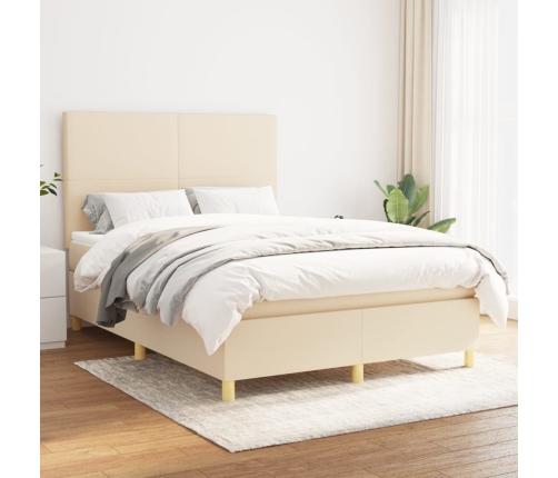 Cama box spring con colchón tela color crema 140x190 cm