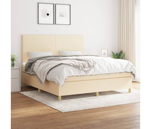 Cama box spring con colchón tela color crema 180x200 cm
