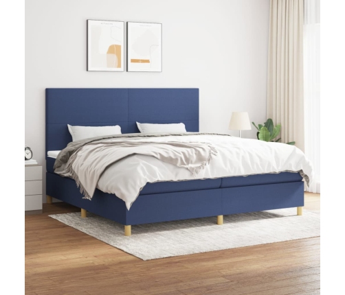 Cama box spring con colchón tela azul 200x200 cm