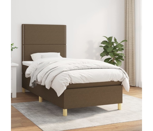 Cama box spring con colchón tela marrón oscuro 80x200 cm