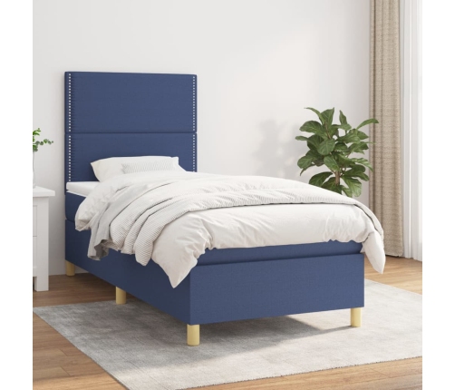 Cama box spring con colchón tela azul 80x200 cm