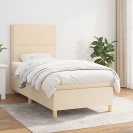 Cama box spring con colchón tela color crema 90x190 cm