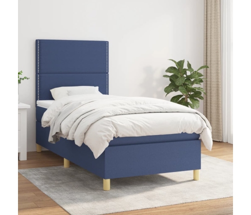 Cama box spring con colchón tela azul 90x190 cm