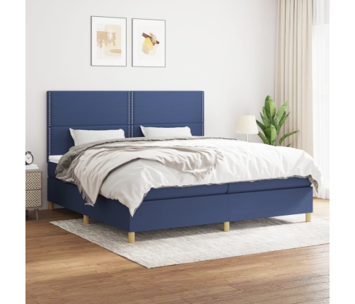 Cama box spring con colchón tela azul 200x200 cm