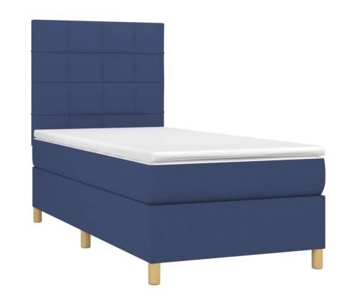 Cama box spring con colchón tela azul 90x190 cm