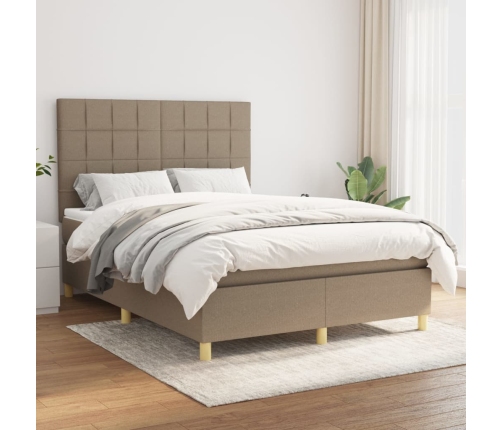 Cama box spring con colchón tela gris taupe 140x190 cm