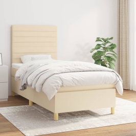 Cama box spring con colchón tela color crema 80x200 cm