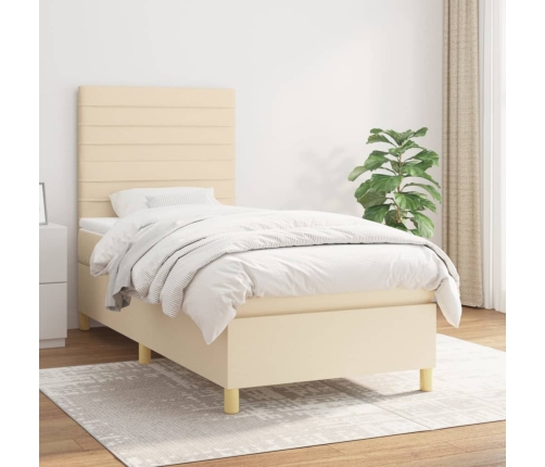 Cama box spring con colchón tela color crema 80x200 cm